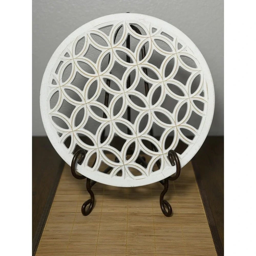 Wood Wall Flower Of Life Medallion Distressed White Scrolled 14